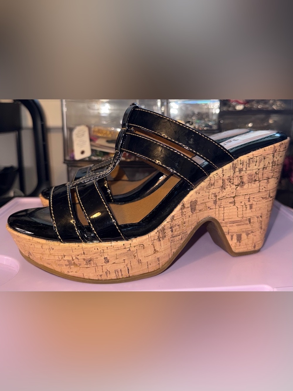 Women's Black Patent Cork Platform Mule Sandals